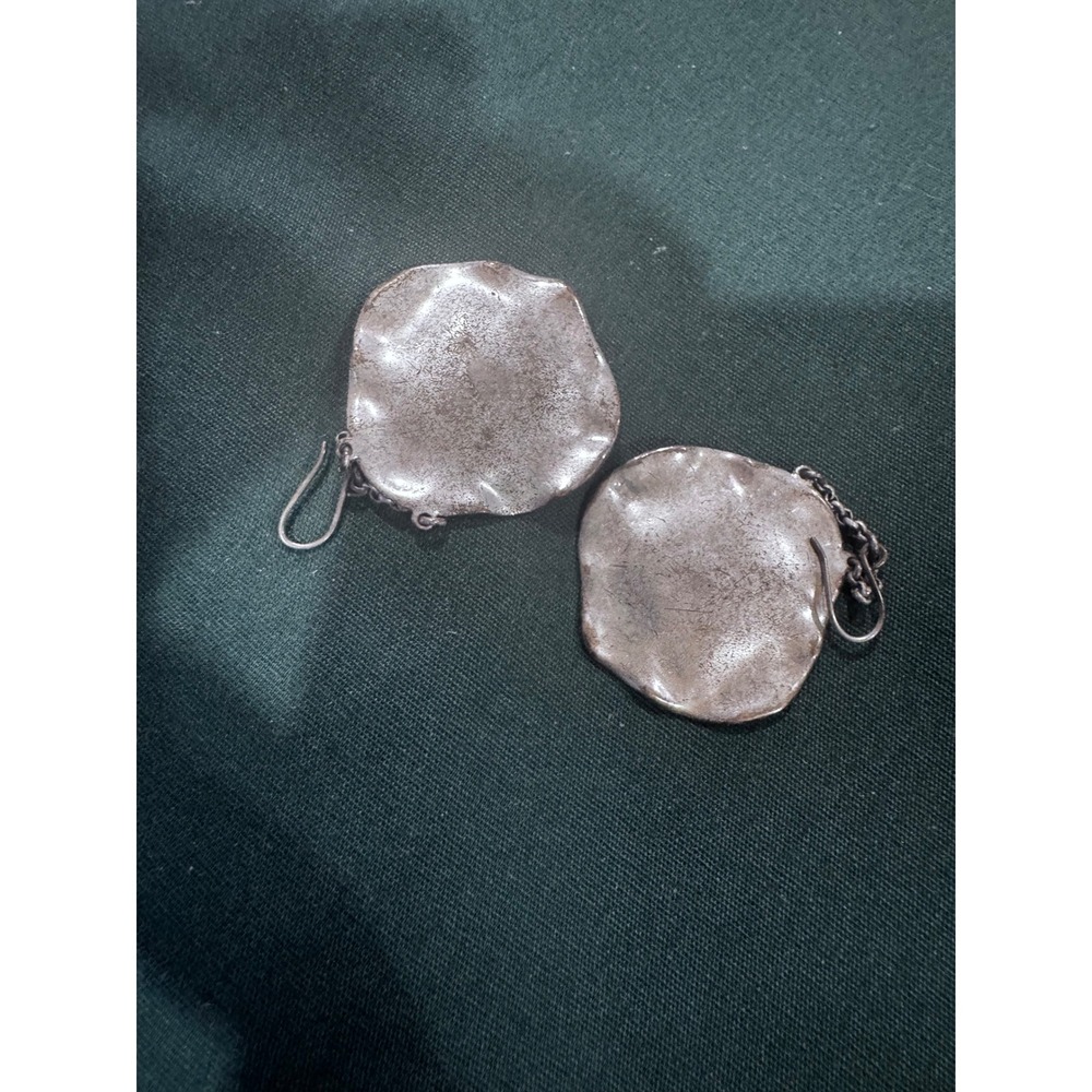 Artisan Hammered Silver Tone Organic Wavy Disc Drop Earrings Hook Dangle
